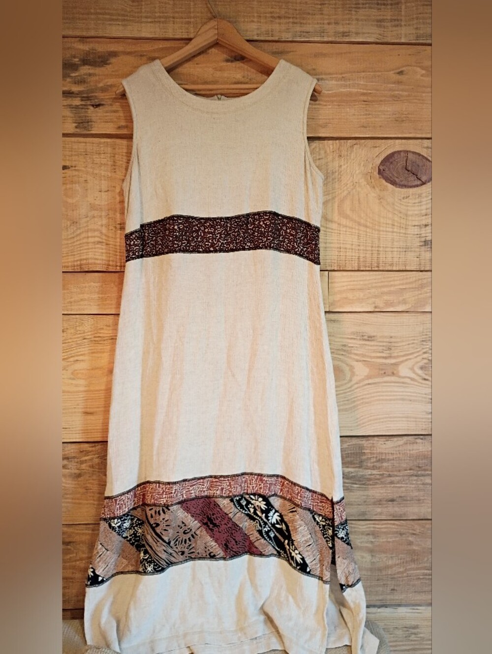 Vintage Coastal Beachy Linen Blend Tunic Midi dress Boho Safari Print Minimalist